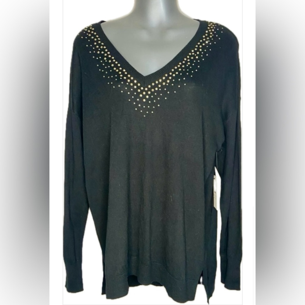 NWT Chaus Black V-Neck Sweater with Gold Accents